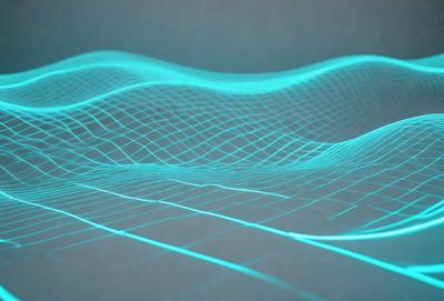 The primary subject of the image is a computer-generated, neon-colored waveform. The waveform is displayed on a blue surface, which serves as the setting or background. The visual style of the image is digital art, as it is a computer-generated design. The dominant colors in the image are neon blue and green, creating a vibrant and futuristic atmosphere.