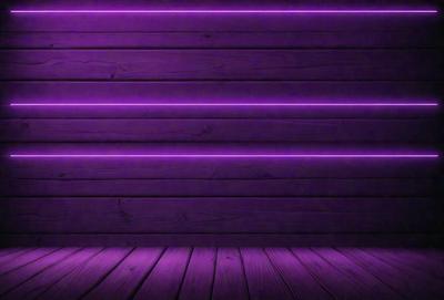 Purple wall, wooden floor, purple lighting.