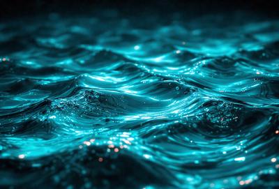 The primary subject of the image is a body of blue water, which appears to be a lake or a large pond. The water is calm and serene, with a few ripples visible on its surface. The setting is outdoors, with the water surrounded by a natural environment. The visual style of the image is a close-up of the water, showcasing its beauty and tranquility. The dominant colors in the image are blue and green, creating a peaceful and soothing atmosphere.