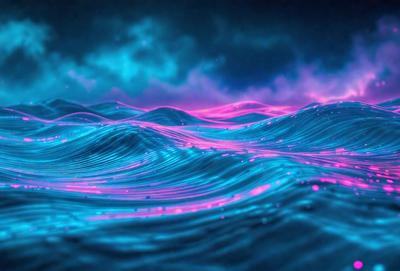 The primary subject of the image is a blue and purple ocean with waves. The setting is a dark blue sky, and the visual style is a digital art or illustration. The dominant colors are blue and purple, creating a serene and calming atmosphere.