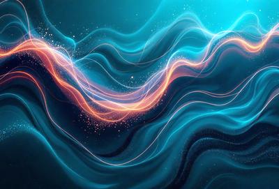 The primary subject of the image is a blue and orange wave, which is the main focus of the scene. The setting is a dark blue background, creating a contrasting and dramatic effect. The visual style is a digital art or illustration, as the wave appears to be a digital creation. The dominant colors are blue and orange, creating a vibrant and energetic atmosphere.