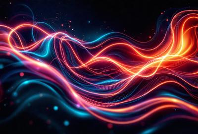 The primary subject of the image is a vibrant, colorful, and abstract design featuring a mix of blue, orange, and red hues. The setting is a dark background, which contrasts with the bright colors of the design. The visual style appears to be a combination of digital art and illustration, creating a dynamic and eye-catching pattern. The overall atmosphere is energetic and lively, with the colors and design elements working together to create a captivating and engaging image.