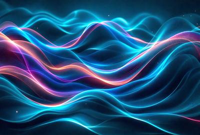 The primary subject of the image is a vibrant, colorful, and abstract wave pattern. The setting is a dark blue background, which contrasts with the bright colors of the wave pattern. The visual style is a combination of digital art and illustration, creating a dynamic and eye-catching design. The dominant colors are blue, purple, and orange, giving the image a lively and energetic atmosphere.