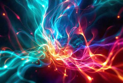 The primary subject of the image is a vibrant, colorful, and abstract artwork featuring a mix of blue, purple, and orange hues. The setting is a dark background, which contrasts with the bright colors of the artwork. The visual style appears to be a combination of digital art and illustration, creating a unique and eye-catching piece. The colors and mood of the artwork evoke a sense of energy, creativity, and imagination.