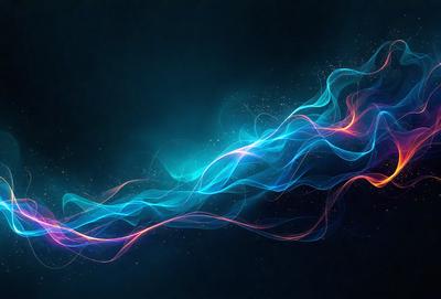 The primary subject of the image is a blue and red light wave, which appears to be a digital art or illustration. The setting is a dark background, and the visual style gives the impression of a futuristic or technological theme. The dominant colors are blue and red, creating a vibrant and energetic atmosphere.