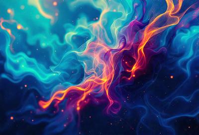 The primary subject of the image is a vibrant, colorful, and swirling pattern that resembles a nebula or a galaxy. The setting is a dark, starry background that contrasts with the bright colors of the swirling pattern. The visual style is a combination of digital art and illustration, creating a dynamic and captivating scene. The dominant colors are blue, orange, and purple, giving the image a sense of depth and awe. The overall atmosphere is one of wonder and expl