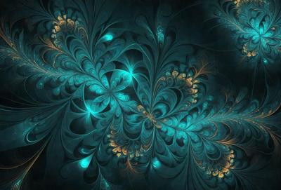The primary subject of the image is a blue and green floral pattern. The setting is a dark background, which contrasts with the vibrant colors of the floral pattern. The visual style appears to be a digital art or illustration, as the colors and patterns are intricately detailed. The dominant colors are blue and green, creating a serene and calming atmosphere.