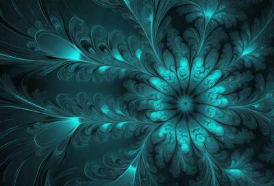 The primary subject of the image is a large, intricate, and colorful flower design. The setting is a blue background, which adds to the overall visual style. The flower design appears to be a digital art or illustration, showcasing a vibrant and lively atmosphere. The dominant colors in the image are blue and green, creating a serene and calming mood.