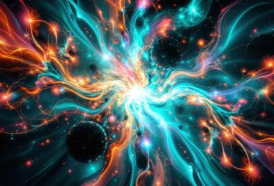 The primary subject of the image is a vibrant, colorful, and abstract artwork featuring a swirling, neon-colored design. The setting is a space-like environment, with a backdrop of stars and planets. The visual style is a combination of digital art and illustration, creating a unique and captivating piece. The dominant colors are blue, orange, and purple, giving the artwork a lively and energetic atmosphere.