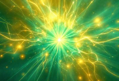 The primary subject of the image is a bright, colorful, and vibrant light source, possibly a neon light or a light bulb. The light is surrounded by a green background, which adds to the overall atmosphere of the scene. The visual style of the image is a combination of a photo and digital art, creating a unique and eye-catching effect. The colors and mood of the image are predominantly green, with the light source being the main focus and source of energy in the scene.