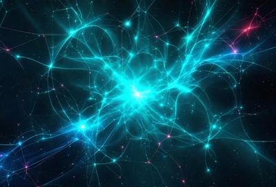 The primary subject of the image is a brightly colored, swirling, and glowing nebula. The setting is a dark, starry sky, with the nebula as the main focus. The visual style is a combination of digital art and illustration, creating a vibrant and dynamic scene. The colors and mood of the image are predominantly blue and green, with a sense of wonder and exploration.