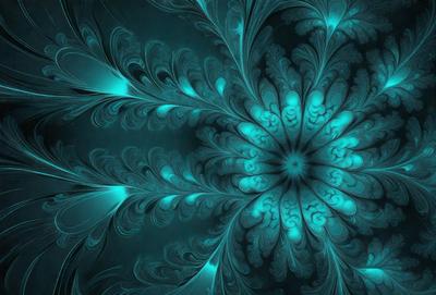 The primary subject of the image is a large, intricate, and colorful flower design. The setting is a dark blue background, which contrasts with the vibrant colors of the flower. The visual style appears to be a combination of digital art and illustration, creating a unique and captivating pattern. The dominant colors are blue and green, giving the image a calming and serene atmosphere.