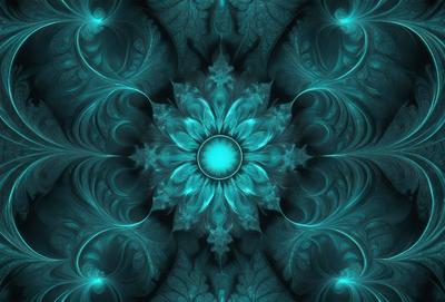 The primary subject of the image is a blue flower with a green center, surrounded by a blue and green pattern. The setting is a blue and green background, which adds to the overall visual style. The image is a digital art or illustration, showcasing the artist's creativity and attention to detail. The dominant colors and overall atmosphere of the image are calming and serene, with the blue and green hues evoking a sense of tranquility.