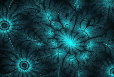 The primary subject of the image is a blue and green floral pattern. The setting is a dark blue background, which contrasts with the vibrant colors of the floral pattern. The visual style appears to be a digital art or illustration, as the colors and patterns are intricately detailed. The overall atmosphere of the image is serene and calming, with the blue and green hues creating a sense of tranquility.