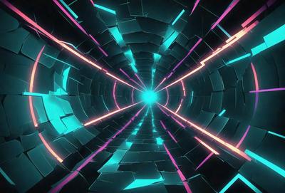 The primary subject of the image is a tunnel-like structure with a brightly colored, neon-like light illuminating it. The setting is a futuristic environment, possibly a space station or a high-tech facility. The visual style is a combination of digital art and illustration, creating a vibrant and dynamic scene. The colors and mood are predominantly blue and pink, giving the image a sense of excitement and energy.