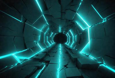The primary subject of the image is a tunnel-like structure with blue neon lights illuminating the space. The setting is a dark room, and the visual style appears to be a combination of digital art and illustration. The dominant colors are blue and black, creating a moody and futuristic atmosphere.