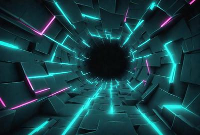The primary subject of the image is a tunnel-like structure with a black hole in the center. The tunnel is illuminated by neon lights, creating a vibrant and futuristic atmosphere. The setting is a dark, enclosed space, and the visual style is a combination of digital art and illustration. The dominant colors are neon pink, blue, and green, which contribute to the overall mood of the scene.