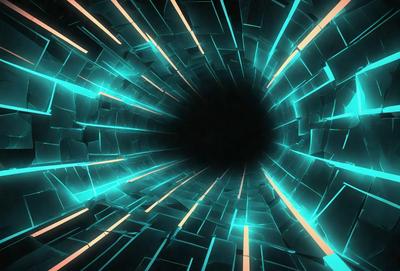 The primary subject of the image is a black hole, which is the main object, scene, or focus of the image. The setting/background features a brightly colored, swirling tunnel or tunnel-like structure, which adds a vibrant and dynamic atmosphere to the scene. The visual style of the image is a combination of photo and digital art, creating a unique and captivating visual experience. The colors and mood of the image are predominantly dark and mysterious, with the black hole serving as the central point of