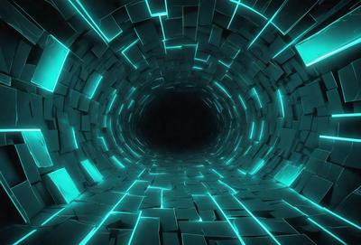 The primary subject of the image is a large, dark tunnel with a blue light illuminating it. The tunnel appears to be made of blocks, giving it a unique and intricate design. The setting is a futuristic environment, with the tunnel being the main focus of the scene. The visual style of the image is a combination of photo and digital art, creating a striking and captivating atmosphere. The dominant colors in the image are blue and black, giving the tunnel a mysterious and futuristic appearance.