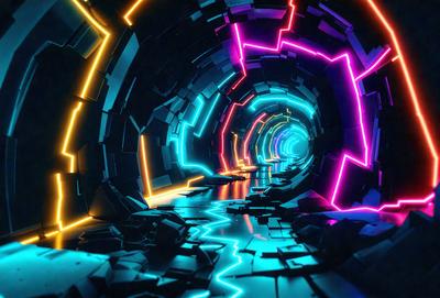 The primary subject of the image is a tunnel with a blue and purple lighting effect. The tunnel appears to be made of metal and has a futuristic, neon-lit appearance. The setting is a dark, enclosed space, and the visual style is a combination of photo and digital art. The dominant colors are blue and purple, creating a vibrant and futuristic atmosphere.