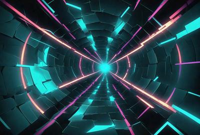 The primary subject of the image is a tunnel-like structure with a brightly colored, neon-like light illuminating it. The setting is a futuristic, space-like environment, and the visual style is a combination of digital art and illustration. The colors and mood of the image are vibrant, energetic, and dynamic, creating a sense of movement and excitement.