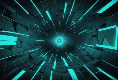 The primary subject of the image is a tunnel-like structure with a blue light illuminating it. The tunnel appears to be a part of a futuristic setting, possibly a space station or a high-tech facility. The visual style of the image is a combination of digital art and illustration, creating a unique and captivating atmosphere. The dominant colors in the image are blue and purple, which contribute to the futuristic and otherworldly mood of the scene.