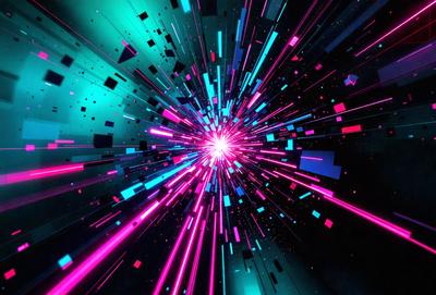 The primary subject of the image is a brightly colored, pink and blue neon light. The setting is a dark background, which contrasts with the vibrant colors of the light. The visual style is a digital art or illustration, as the light appears to be a part of a larger, abstract design. The colors and mood of the image are energetic and lively, with the bright pink and blue hues creating a sense of excitement and movement.