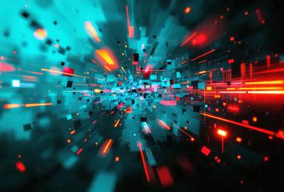 The primary subject of the image is a colorful, abstract, and digital artwork featuring a swirling, geometric pattern. The setting is a dark background, which contrasts with the vibrant colors of the artwork. The visual style is a combination of digital art and illustration, creating a unique and eye-catching design. The dominant colors in the artwork are red, blue, and green, which contribute to the energetic and lively atmosphere of the piece.