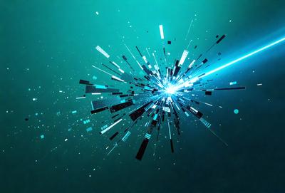 The primary subject of the image is a blue and black digital artwork featuring a bright light or explosion. The setting is a dark blue background, which contrasts with the bright light. The visual style is digital art, and the colors and mood convey a sense of energy and dynamism.