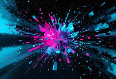 The primary subject of the image is a colorful, abstract design or pattern, which appears to be a digital art or illustration. The setting or background is a dark, starry sky, which adds a sense of depth and contrast to the image. The visual style is a combination of vibrant colors and a modern, artistic approach. The dominant colors in the image are pink, blue, and purple, creating a lively and energetic atmosphere.