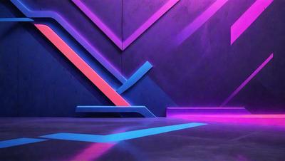 The primary subject of the image is a purple and blue wall with a geometric pattern. The setting is a room with a concrete floor. The visual style is a combination of digital art and illustration. The dominant colors are purple and blue, creating a calm and soothing atmosphere.
