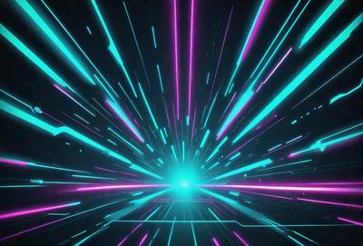 The primary subject of the image is a bright, colorful, and fast-moving light, which appears to be a neon light or a lightning bolt. The setting is a dark background, which contrasts with the light, creating a visually striking scene. The visual style of the image is a combination of digital art and illustration, as the light is depicted in a dynamic and artistic manner. The colors and mood of the image are predominantly blue and purple, giving it a futuristic and