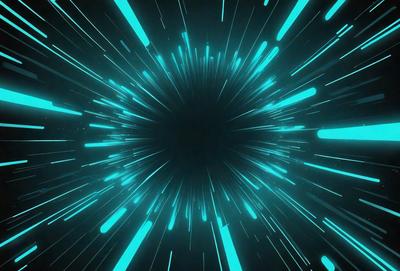 The primary subject of the image is a bright blue light, which appears to be a neon light or a lightning bolt. The light is surrounded by a dark background, creating a striking contrast. The visual style of the image is digital art, as it resembles a futuristic or space-themed design. The colors and mood of the image are predominantly blue, with a sense of energy and movement.