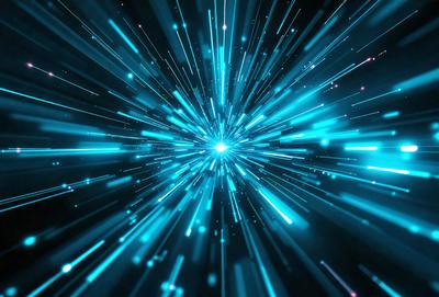 The primary subject of the image is a bright blue light, which appears to be a lightning bolt or a laser beam. The light is the main focus of the image, and it is set against a dark background. The visual style of the image is digital art, as it has a futuristic and technological appearance. The dominant colors in the image are blue and black, creating a sense of energy and movement.