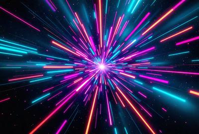 The primary subject of the image is a brightly colored, pink and blue neon explosion. The setting is a dark, starry sky, which provides a contrasting backdrop for the vibrant colors of the explosion. The visual style is a digital art or illustration, as the colors and patterns are not natural and appear to be created artificially. The dominant colors and overall atmosphere of the image are energetic, lively, and visually striking.