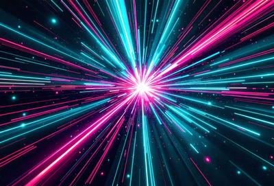 The primary subject of the image is a brightly colored, pink and blue neon light. The light is shining brightly, creating a vibrant and lively atmosphere. The setting is a dark background, which contrasts with the bright light, making it stand out even more. The visual style of the image is a combination of digital art and illustration, as the light appears to be a digital creation. The colors and mood of the image are energetic and lively, with the bright pink and blue ne