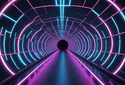 The primary subject of the image is a tunnel with a purple and pink lighting effect. The tunnel appears to be a part of a futuristic setting, possibly a space station or a high-tech facility. The visual style of the image is a combination of photo and digital art, creating a unique and captivating atmosphere. The dominant colors of the scene are purple and pink, which contribute to the futuristic and otherworldly mood of the image.