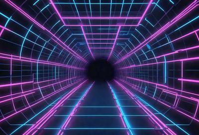 The primary subject of the image is a tunnel with a brightly colored, neon-like pattern on the walls. The setting is a dark, enclosed space, and the visual style appears to be a digital art or illustration. The dominant colors in the image are pink, blue, and purple, creating a vibrant and lively atmosphere.