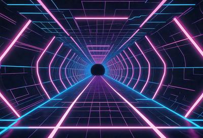 The primary subject of the image is a tunnel with a brightly colored, neon-lit interior. The setting is a futuristic, high-tech environment, likely in a video game or a science fiction movie. The visual style is a combination of digital art and illustration, creating a vibrant and dynamic atmosphere. The dominant colors are pink, blue, and purple, giving the scene a lively and energetic mood.