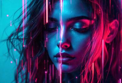 The primary subject of the image is a woman with long hair. She is looking down, and her eyes are closed. The setting is a blue background, which adds a vibrant and colorful atmosphere to the scene. The visual style is a combination of a photo and digital art, creating a unique and artistic representation of the woman. The colors and mood of the image are predominantly blue, which gives it a calm and serene feel.