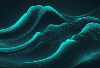 The primary subject of the image is a wave, which is the main object, scene, or focus of the image. The wave is depicted in a digital art style, with a blue and green color scheme that gives it a vibrant and dynamic appearance. The setting or background of the image is a dark blue surface, which contrasts with the bright colors of the wave. The overall atmosphere of the image is energetic and captivating, as the wave appears to be moving and flowing in a dynamic manner.