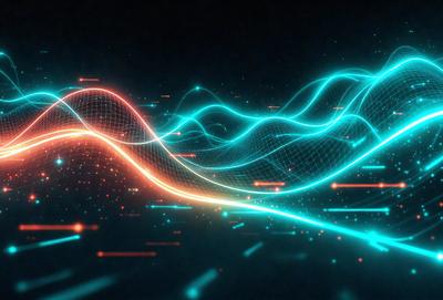 The primary subject of the image is a blue and orange light show, which appears to be a digital art or illustration. The setting is a dark background, and the visual style is a combination of digital art and light patterns. The dominant colors are blue and orange, creating a vibrant and energetic atmosphere.
