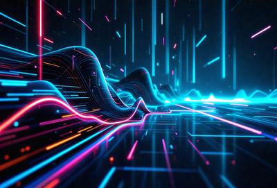 The primary subject of the image is a futuristic, colorful digital artwork featuring a series of lines and shapes. The setting is a dark background, which contrasts with the vibrant colors of the artwork. The visual style is a combination of digital art and illustration, creating a unique and captivating scene. The colors and mood of the image are predominantly blue and purple, giving it a sense of depth and sophistication.