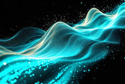 The primary subject of the image is a computer-generated, blue and green wave pattern. The setting is a dark background, which contrasts with the brightly colored wave pattern. The visual style is digital art, as the wave pattern is created using computer algorithms. The dominant colors are blue and green, giving the image a calming and soothing atmosphere.