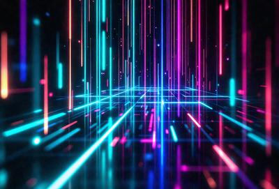 The primary subject of the image is a colorful, neon-lit environment. The setting is a dark room with a brightly lit background, creating a visually striking scene. The visual style of the image is a combination of digital art and illustration, with a vibrant color palette that evokes a sense of excitement and energy. The dominant colors in the image are pink, blue, and green, which contribute to the overall mood of the scene.
