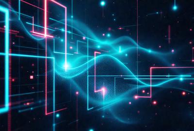 The primary subject of the image is a blue and pink digital artwork featuring a series of interconnected lines and shapes. The setting is a dark background, which contrasts with the vibrant colors of the artwork. The visual style is a combination of digital art and illustration, creating a unique and captivating piece. The dominant colors are blue and pink, which evoke a sense of energy and creativity.