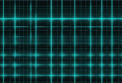 The primary subject of the image is a blue grid pattern. The setting is a dark background, which contrasts with the blue grid pattern. The visual style is a digital art or illustration, as the grid pattern is created using a computer or digital device. The colors and mood of the image are predominantly blue, giving it a calm and soothing atmosphere.