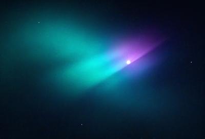 The primary subject of the image is a colorful light, which appears to be a neon light or a light show. The light is shining through a blue and green haze, creating a vibrant and lively atmosphere. The setting is a dark background, which contrasts with the bright light, making it stand out even more. The visual style of the image is a combination of digital art and illustration, as the light show is skillfully rendered and the colors are rich and vivid. The overall mood of the image
