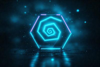The primary subject of the image is a blue spiral, which appears to be a neon light or a blue circle with a spiral pattern. The setting is a dark room, and the visual style is a digital art or illustration. The dominant colors are blue and purple, creating a calm and serene atmosphere.