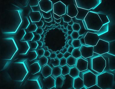The primary subject of the image is a large, open, and dark tunnel with a blue hue. The tunnel is filled with hexagonal shapes, creating a unique and intricate pattern. The setting is a dark, enclosed space, and the visual style appears to be a combination of a photo and digital art. The dominant colors are blue and black, giving the scene a mysterious and captivating atmosphere.